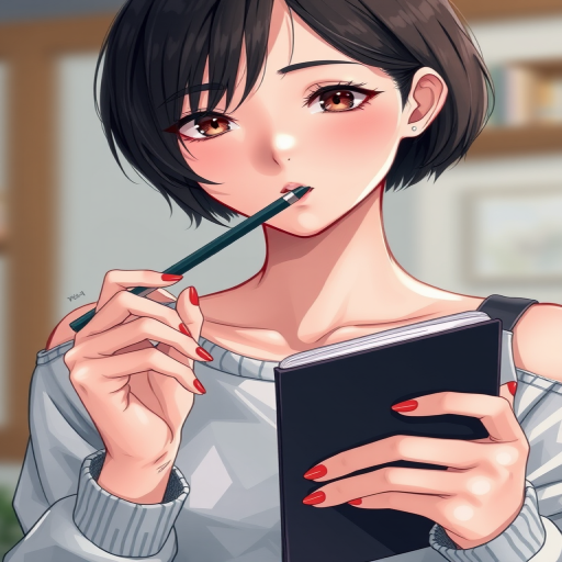 Create a detailed illustration of a person with short black hair holding a pen in her mouth and a notebook in her hands, captured with a Canon EOS R5, 50mm f/1.2 lens, Aperture f/1.8, ISO 200, and shallow depth of field for a soft background effect.