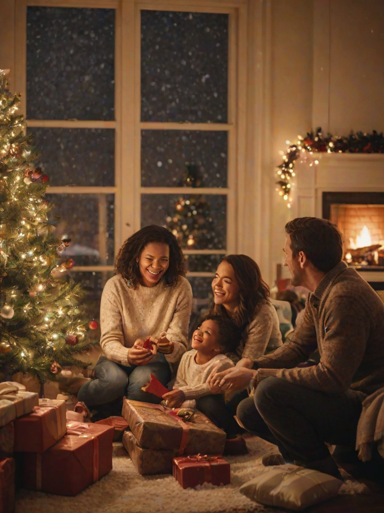 Warm, softly lit image of a family gathered around a Christmas tree, soft glow from the lights reflecting off ornaments, laughter and conversation filling the room, presents stacked under the tree, a soft snowfall visible outside the window behind them.