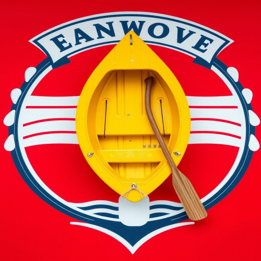 Create a vibrant emblem featuring a yellow wooden boat with an oar on a red background, shot with a DSLR camera at f/8 aperture, ISO 100, and a focal length of 50mm, in a flat lay style for enhanced image quality.