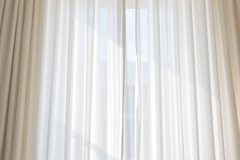 Create a high-resolution image of elegant white curtains flowing gently, captured with a DSLR camera using a 50mm lens at f/2.8, ISO 100, in natural light, slightly overhead view to enhance texture and softness.