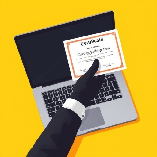 create an illustration of a laptop with a hand in a formal glove holding a certificate, set against a bright yellow background, use a 50mm lens, f/2.8 aperture, soft lighting, top-down view, digital drawing style, high resolution