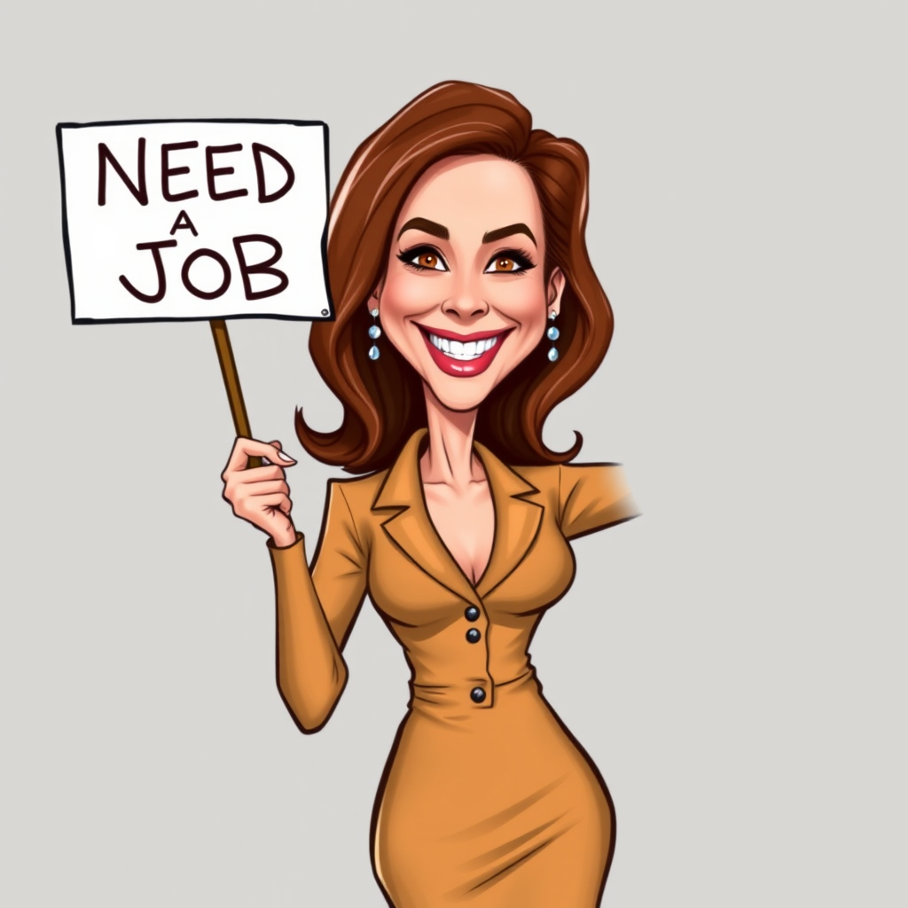 caricature of a smiling Julianne Moore in a Tan dress or suit, holding up a sign that says "NEED A JOB", no watermark,