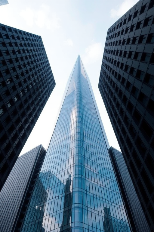 high-resolution image of a modern skyscraper from a low-angle perspective, emphasizing height and geometric patterns, daylight setting, f/11 aperture, ISO 100, 24mm lens, HDR photography style, digital camera