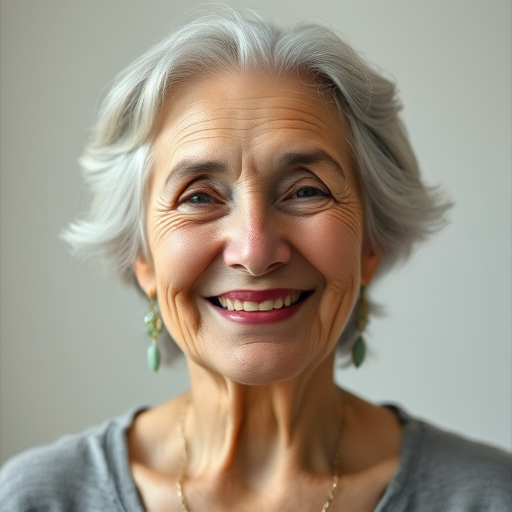 portrait of an elderly woman with gray hair and a warm smile, soft focus, natural lighting, Canon EOS 5D Mark IV with a 50mm f/1.8 lens, ISO 100, f/2.8, 1/125 sec, neutral background