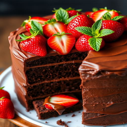 A rich chocolate cake with multiple layers showcasing a thick chocolate frosting topped with fresh strawberries and mint leaves, with a slice cut out to reveal the moist interior and chocolate filling.