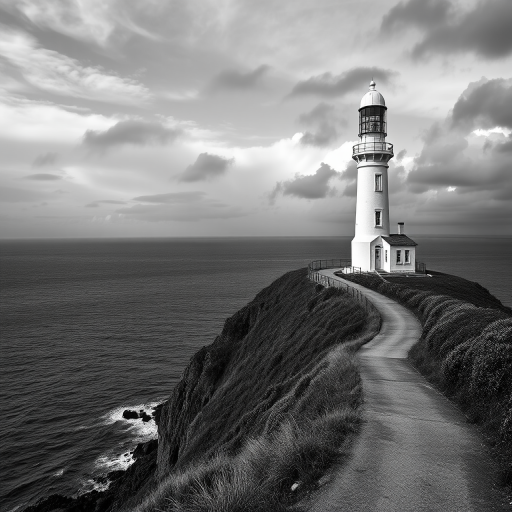 a black and white image of a lighthouse on a cliffside overlooking the ocean, with a winding road leading up to the lighthouse, and a cloudy sky in the background