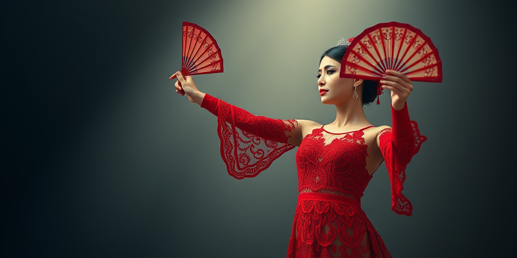 Regenerate an elegant dancer wearing a red lace dress and holding a fan, with intricate patterns, shot with a DSLR camera, aperture f/2.8, ISO 100, in a low-angle view, using a soft focus style to enhance image quality.