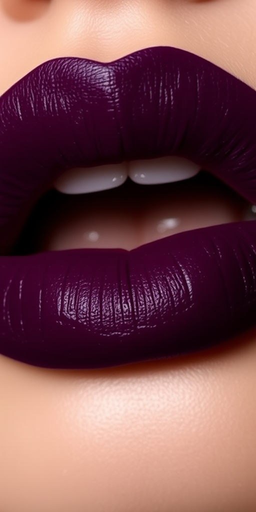 Sultry Velvet Plum presents deep purple lips with a matte texture, exuding sophistication and mystery for elegant soirees and red carpet moments.