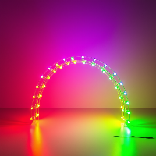 generate an image of a colorful rainbow formed by LED lights arranged in an arch, using a DSLR camera with a 50mm lens, aperture set to f/2.8, ISO 100, and a wide-angle view to capture the vibrancy and detail of the colors