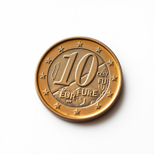 A high-resolution photo of a 10 euro cent coin centered on a white background, taken with a DSLR camera at f/2.8 aperture, ISO 100, 1/200 sec shutter speed, employing a macro lens to capture fine details and texture of the coin.