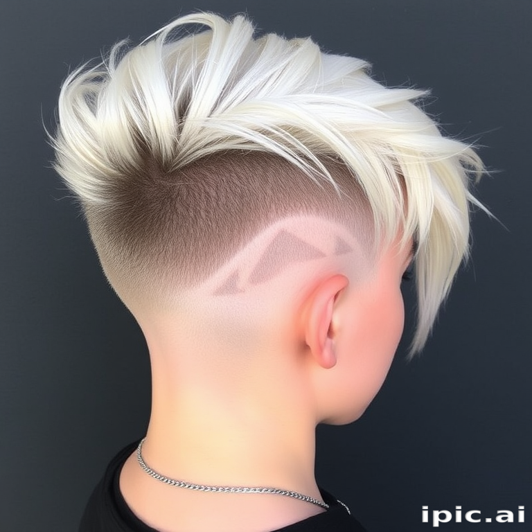 Edgy Platinum Blonde Undercut with intricate geometric designs shaved into the sides, contrasting with long, sleek top layers for a bold and modern asymmetrical style