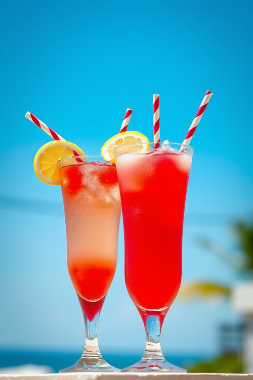 Create an image of two cocktails, one red and one white, garnished with lemon slices and striped straws, set against a bright blue sky, captured with a DSLR camera at f/2.8 aperture, 50mm lens, with a shallow depth of field to blur the background, focusing on the drinks, and vibrant colors to enhance the refreshing feel of the scene.