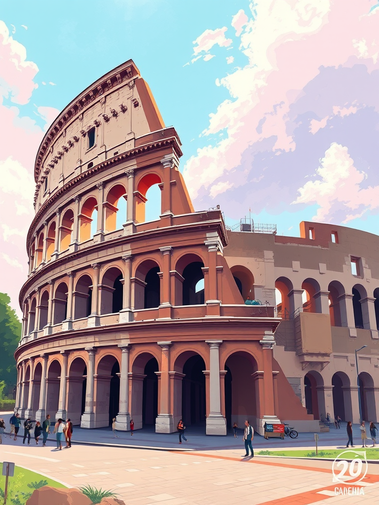 Create a high-resolution illustration of the Colosseum in a vibrant color palette, using a wide-angle lens, f/8 aperture for sharp detail, 24mm lens focal length, and a digital painting effect to enhance clarity and depth.