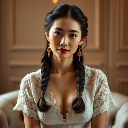 Create a portrait of a refined and elegant Chinese woman seated in a sophisticated setting. She has long, wavy hair styled in two thick braids that are pulled over her shoulders. She wears a white, lace gown with intricate patterns, featuring a deep V-neckline and short sleeves. The dress exudes a vintage charm with its delicate lacework. She is adorned with ornate, dangling earrings that add a touch of glamour to her appearance. The background is softly lit, with warm, ambient lighting that creates a cozy and inviting atmosphere. Her expression is poised and serene, capturing a sense of grace and elegance.