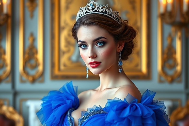 A gorgeous woman in a luxurious blue gown, accessorized with a dazzling tiara and statement earrings, her deep blue eyes highlighted by impeccable makeup, poised in a royal setting, photorealistic, 8K quality