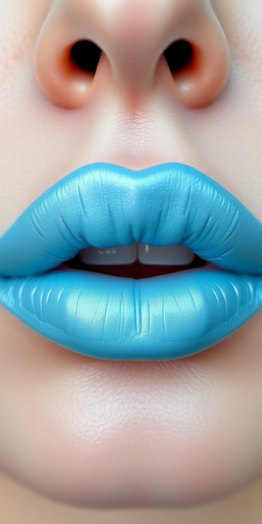 Whimsical pastel blue lips with a frosted finish, evoking a dreamy and fantastical aesthetic, ideal for creative and artistic makeup