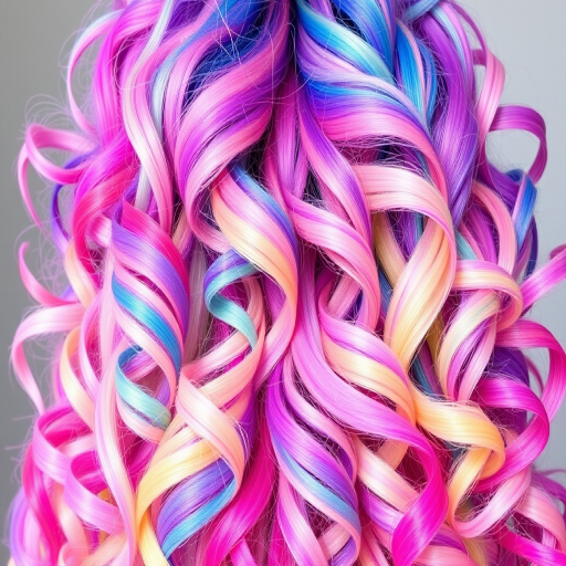 Vibrant rainbow unicorn hair featuring an array of pastel hues blended seamlessly, styled in bouncy spiral curls for a whimsical and playful appearance
