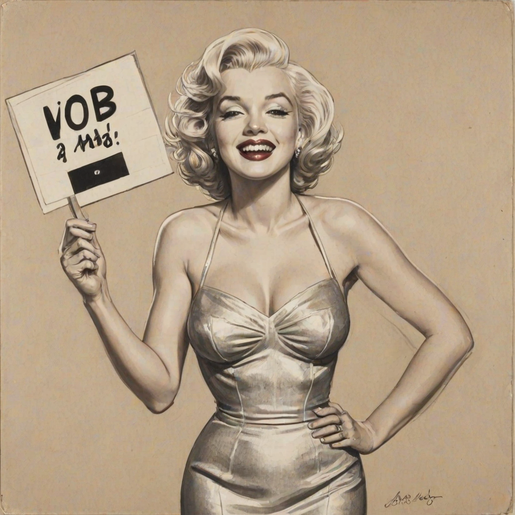 caricature of a smiling Marilyn Monroe in a Platinum dress or suit, holding up a sign that says "NEED A JOB", no watermark,
