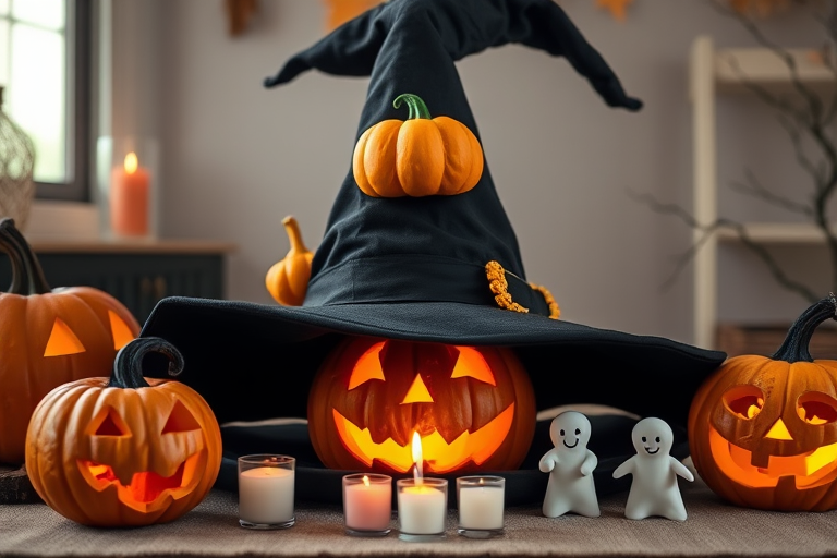 a cozy Halloween scene featuring a large black witch hat adorned with a small pumpkin crown, surrounded by carved jack-o'-lanterns with glowing interiors, delicate lit candles, and cute ghost figurines, shot with a Canon EOS R5, 50mm lens, f/1.8, ISO 200, natural soft diffused light for a warm ambiance