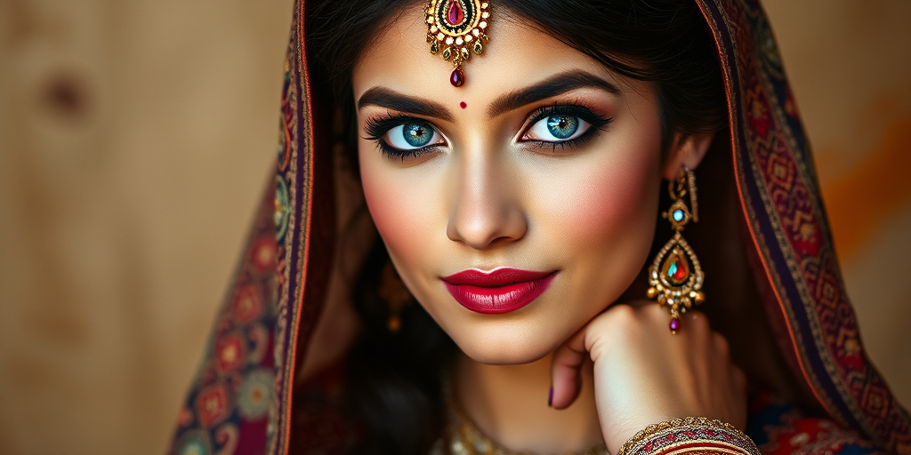 Create a portrait of a beautiful Pakistani woman with striking blue eyes and a gentle expression. She is adorned in traditional attire with intricate patterns, including a richly embroidered headscarf and matching garments. Her jewelry includes a delicate headpiece, dangling earrings, and ornate bracelets, all featuring vibrant gemstones and detailed metalwork. The background is soft and warm, enhancing the rich colors of her outfit and jewelry.