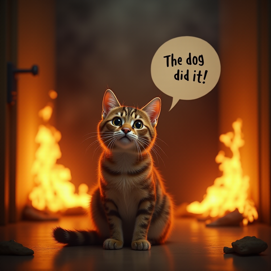 Photorealistic image of an innocent-looking cat sitting calmly in the middle of a burning room. Flames engulf the room, with fire licking up the walls and smoke filling the air. The cat is sitting on the floor, looking directly at the viewer with wide, innocent eyes. Above the cat, a speech bubble says "The dog did it!" The contrast between the cat's calm demeanor and the chaos around it creates a humorous and surreal scene.