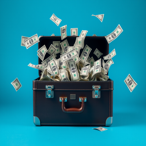 A briefcase overflowing with flying dollar bills against a solid blue background, high-resolution, 50mm lens, f/2.8 aperture, 1/125 sec shutter speed, soft lighting, macro photography style.