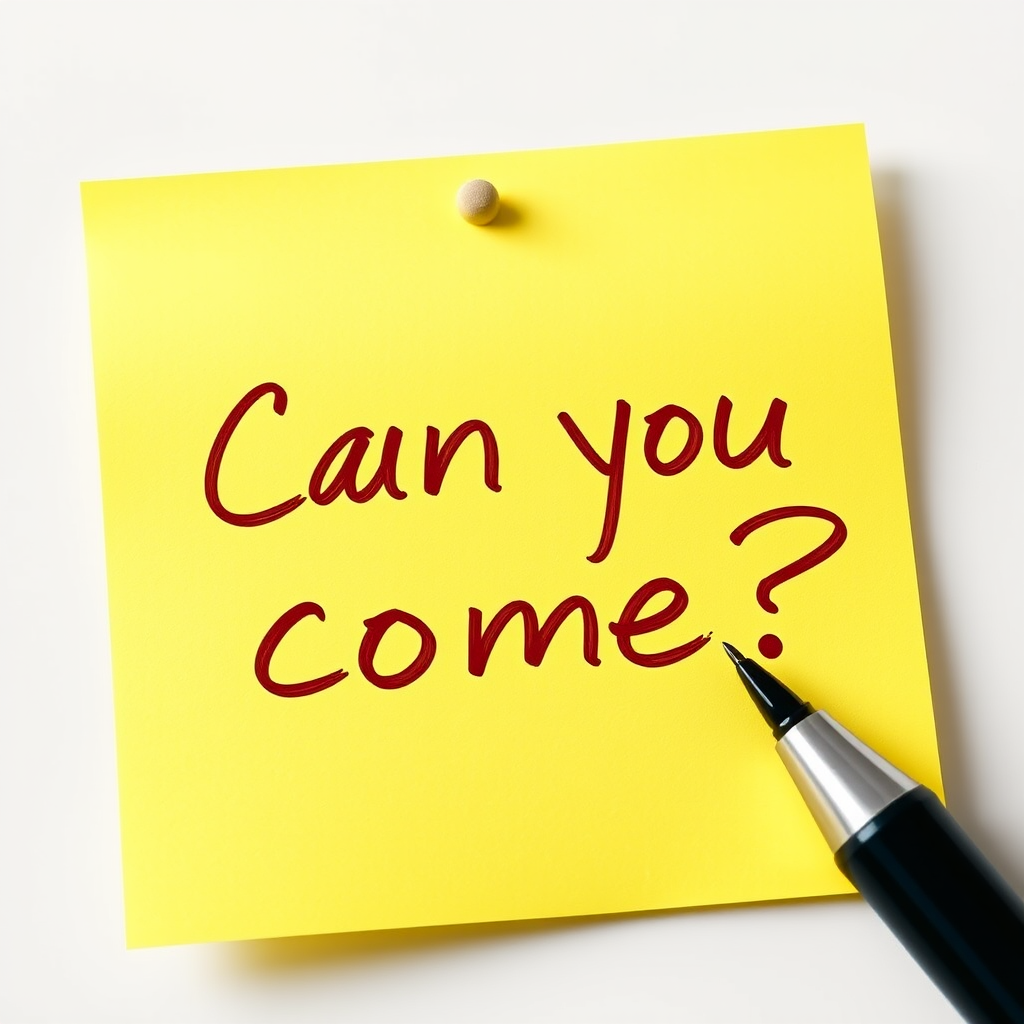 Yellow post-it note, hand written in brown pen text "Can you come??", 3d, hd, hyper realistic,