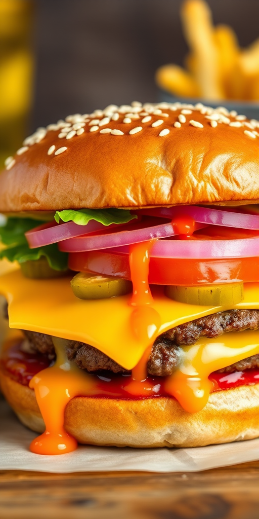 High-resolution, close-up image of a gourmet double cheeseburger. The burger features a glossy, sesame-seed-topped brioche bun. Inside, there are two thick, juicy beef patties, each topped with melted cheddar cheese. The burger is garnished with fresh lettuce, tomato slices, diced onions, and pickles. A generous amount of ketchup and a creamy, orange-colored sauce is dripping down the sides, adding to the mouth-watering appeal. In the background, there are blurred elements including a side of golden French fries and a hint of a beverage, enhancing the overall presentation of a delicious meal.
