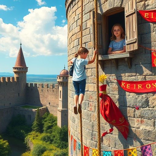 Generate a vibrant, high-resolution artwork depicting a scene of a young girl hanging from a rope outside a castle wall, with another girl looking from a window above, using a DSLR camera with a 50mm lens at f/1.8, ISO 200, 1/250s, natural sunlight for soft shadows, in a painterly style.