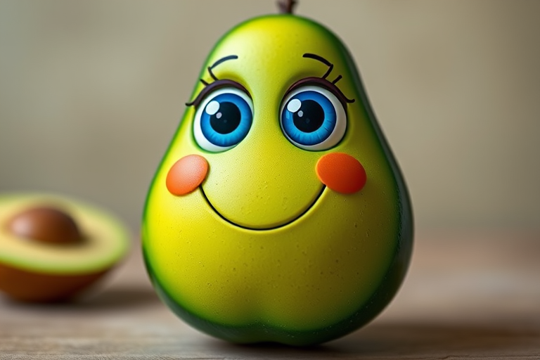 create a cute cartoon avocado character with large blue eyes and a playful smile, using a DSLR camera at f/1.8, ISO 100, with a shallow depth of field to emphasize the subject, in a soft studio lighting setup, with a vibrant color palette to enhance its cheerful appearance