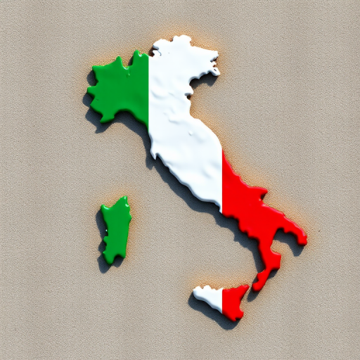 Create a high-resolution image of the map of Italy featuring the Italian flag colors, using a DSLR camera with a 50mm lens, aperture set at f/8, ISO 100, in a flat lay perspective with natural lighting for enhanced clarity.