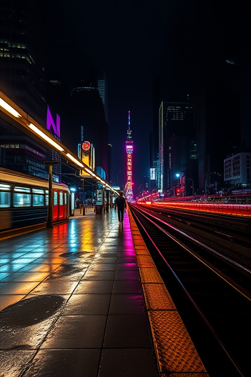 Create a vibrant cityscape at night featuring a lone figure on a subway platform with glowing neon lights reflecting on wet surfaces, using a DSLR camera with a 24mm lens, aperture f/2.8, ISO 400, and a long exposure of 2 seconds for enhanced light trails and depth of field.
