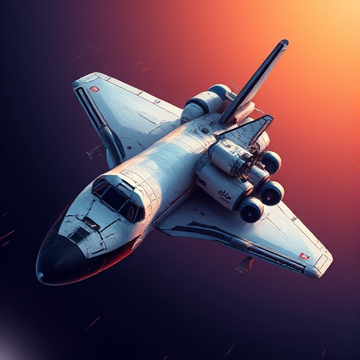 Create a high-resolution illustration of a space shuttle with detailed textures and vibrant colors, using a DSLR camera, f/8 aperture, 1/125s shutter speed, 50mm lens, with a focused view and a soft gradient background to enhance visual depth.