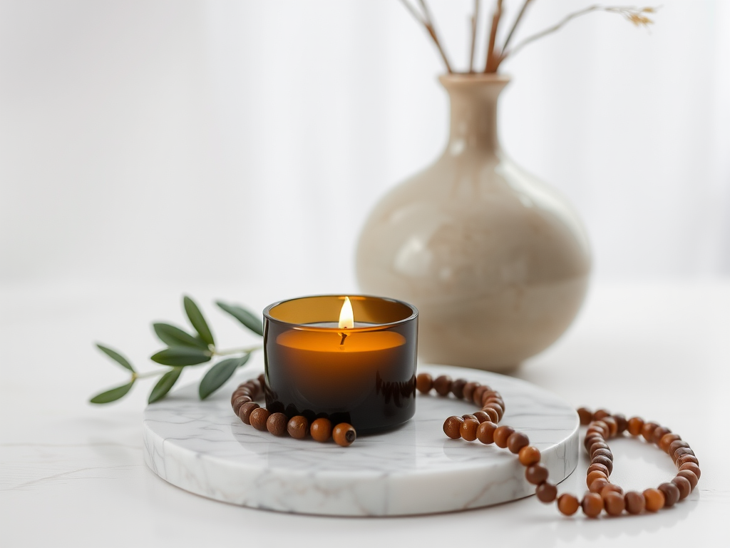 Capture a still life composition featuring a ceramic vase, a round marble plate with a candle and a beaded necklace, use a shallow depth of field, natural lighting, f/2.8 aperture, ISO 200, 50mm lens, and a soft focus background to enhance image quality.