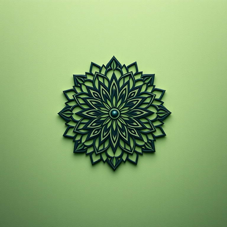 Create an intricate mandala design on a textured soft green background with a subtle reflection effect, using a Canon EOS R5, 50mm f/1.2 lens, f/8 aperture, ISO 100, and a shallow depth of field for a smooth bokeh effect.