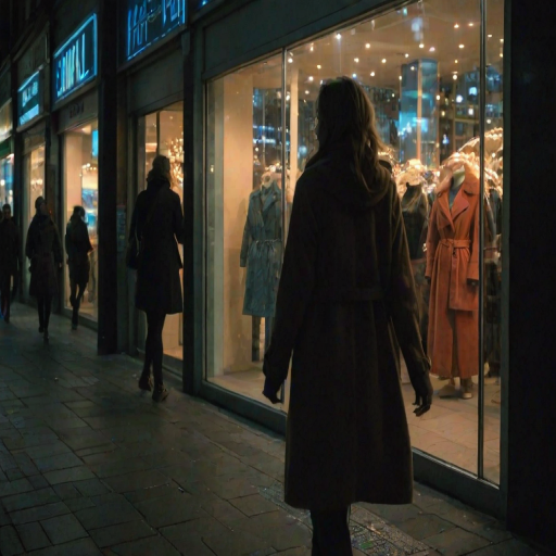 Nighttime city street, a woman walking past glowing shop windows, her reflection in the glass as she pulls her coat tighter against the chilly breeze.