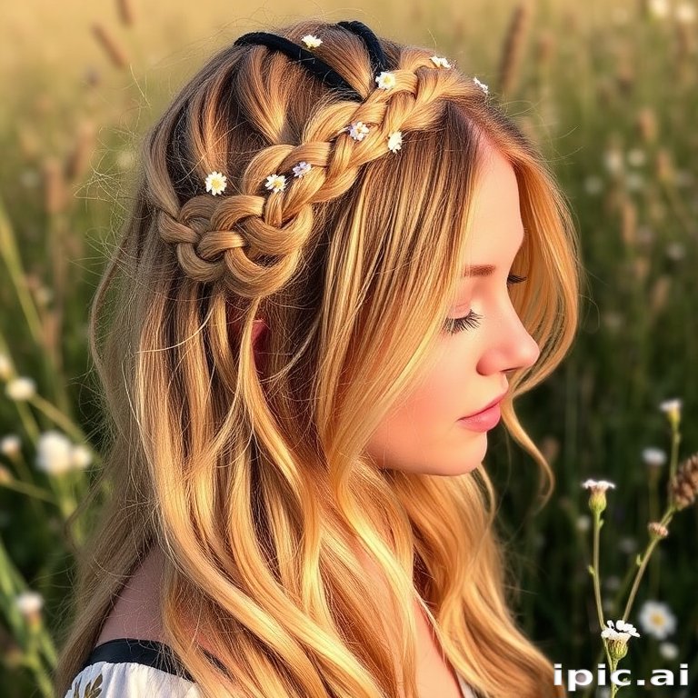 Sun-kissed honey blonde braided crown transitioning into loose bohemian waves adorned with tiny wildflowers, capturing free-spirited charm named Meadow Whisper