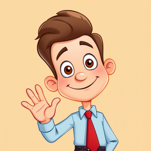 create a cartoon illustration of a smiling man with brown hair and big eyes wearing a light blue shirt and a red tie, waving his hand, using a high-quality vector style with a clean background, shot in 2D style digital format, with a resolution of 300 DPI and bright color settings for enhanced vibrancy
