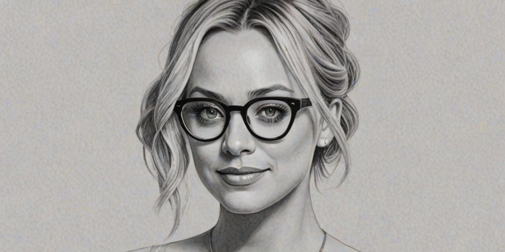 Radiant Kaley Cuoco, pencil sketch, portrait of Resplendent woman 1965s in glasses, hair style beatnik, outline, clear lines, fine lines, 8k