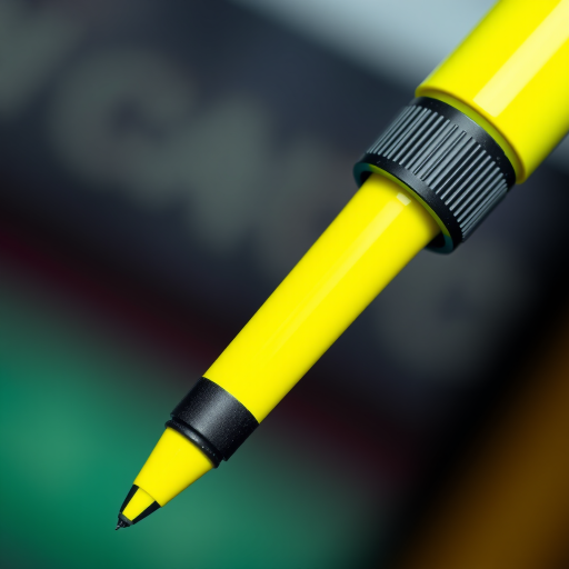 Create a highly detailed vector illustration of a yellow highlighter pen with a black cap, using a macro lens at f/2.8, ISO 100, with a slight bokeh effect in the background to enhance image quality, showcasing vibrant colors and sharp highlights.