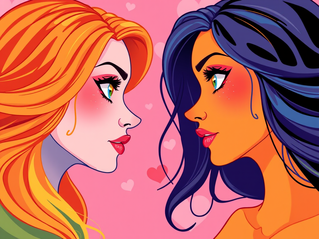 Create a vibrant and colorful illustration of two women facing each other with expressive eyes and flowing hair, set against a soft pink background with hearts, using a digital art style; camera settings: aperture f/2.8, ISO 100, shutter speed 1/60s; camera type: digital SLR; camera view: close-up.