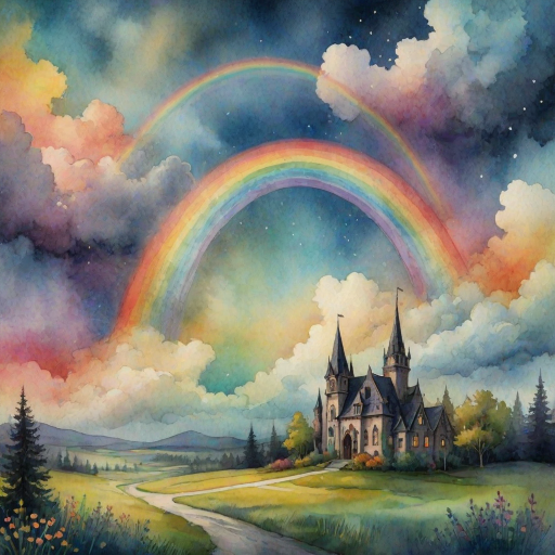 A whimsical and surreal sky with a vibrant rainbow, featuring dramatic lighting effects and a textured watercolor background, with a touch of gothic aesthetic.