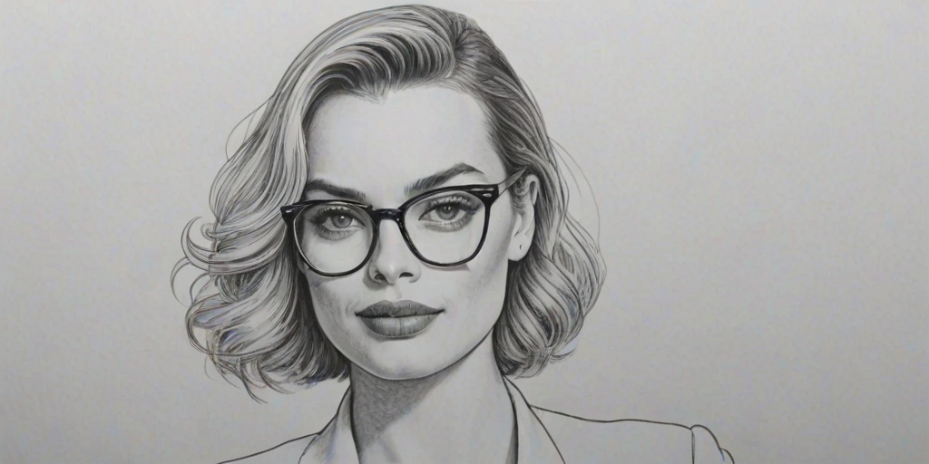 Appealing Margot Robbie, pencil sketch, portrait of Elegant woman 1939s in glasses, hair style beatnik, outline, clear lines, fine lines, 8k
