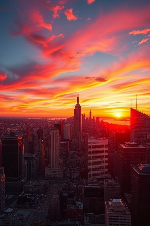 Create a high-resolution image of a city skyline at sunset, using a DSLR camera with a 24mm lens, f/11 aperture, ISO 100, and a shutter speed of 1/125 seconds, taken from a high vantage point for a wide-angle view, emphasizing vibrant colors and dramatic lighting.