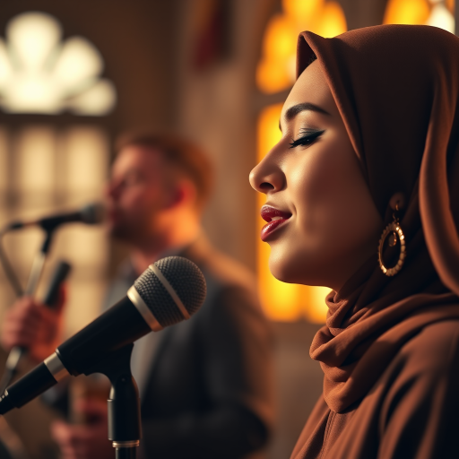 A close-up portrait of a mia khalifa with her eyes closed, singing into a microphone, positioned on the right side of the frame, facing the viewer. She is wearing a brown headscarf, gold earrings, and a brown blouse, and is bathed in warm, golden light emanating from the windows behind her. A blurred figure of a man singing into a microphone is visible in the background. The scene has a sense of calm and spirituality.