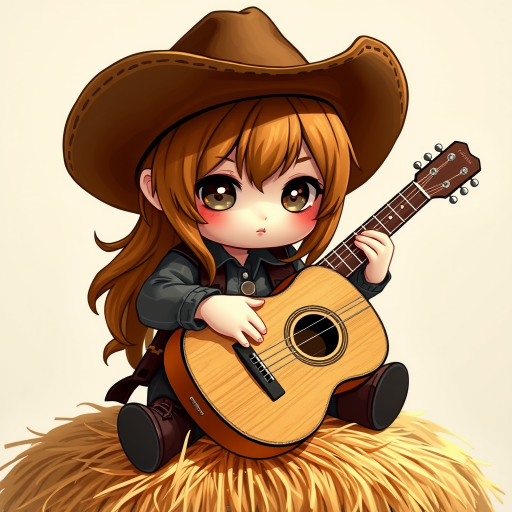 A chibi angelina jolie, dressed as a cowboy, playing guitar, sitting on a hay bale