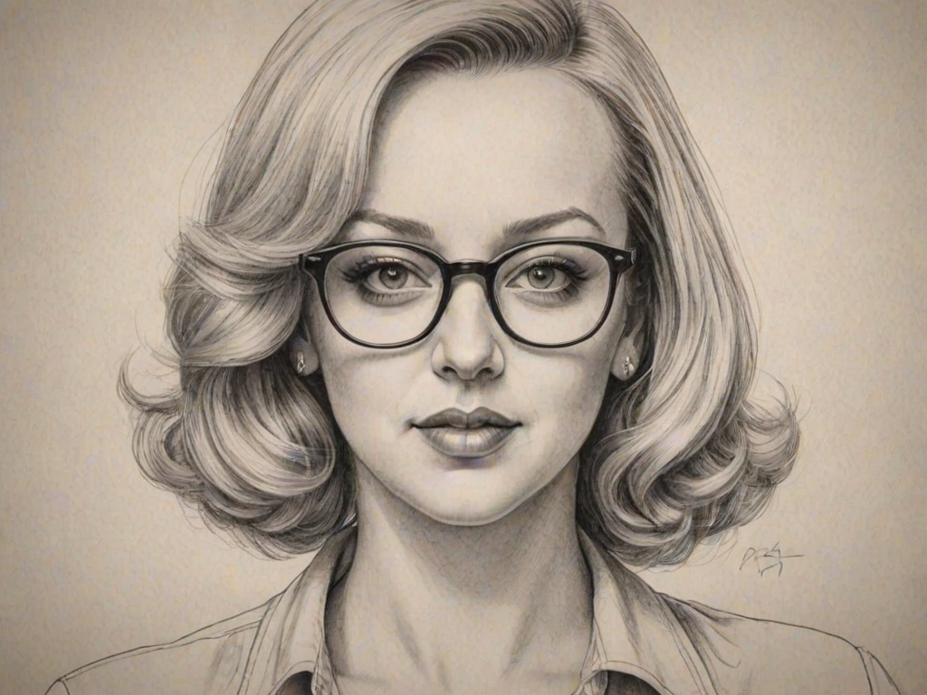Exquisite Wendi McLendon-Covey, pencil sketch, portrait of Enticing woman 1924s in glasses, hair style beatnik, outline, clear lines, fine lines, 8k
