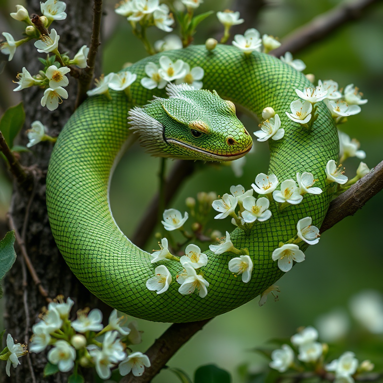 Create a highly detailed and realistic image of a green dragon coiled around a tree with blooming white flowers, captured with a Canon EOS R5 at f/4, 1/200 sec, ISO 200, in a natural light setting using a macro lens to enhance texture and depth.