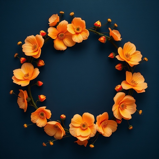 Generate a floral circular decorative design with soft orange flowers and delicate vines on a dark blue background, camera settings: aperture f/4, ISO 100, shutter speed 1/125s, camera view: top-down perspective, camera style: minimalistic, camera type: DSLR.