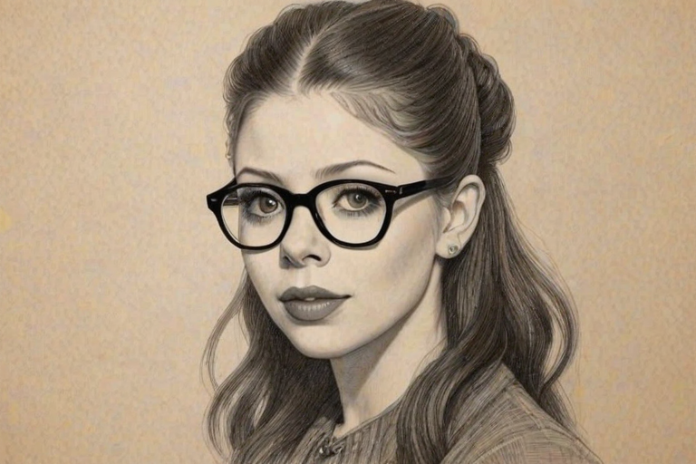 Enchanting Michelle Trachtenberg, pencil sketch, portrait of Delightful woman 1931s in glasses, hair style beatnik, outline, clear lines, fine lines, 8k